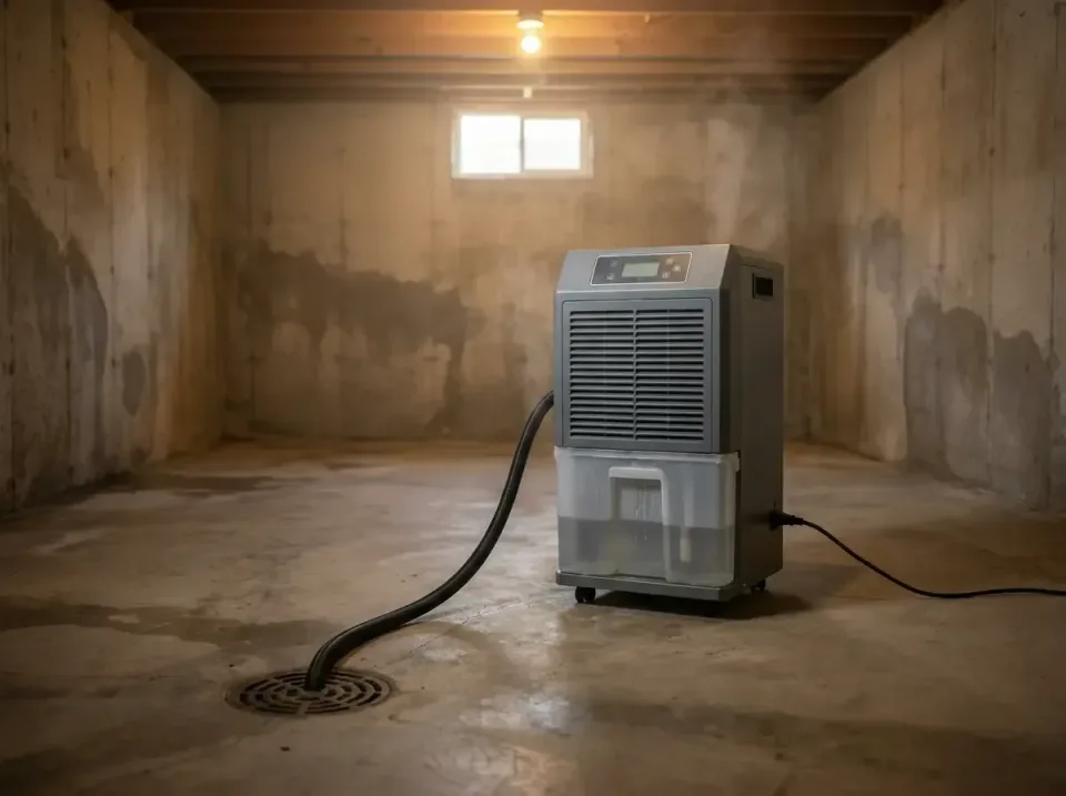 Dehumidifier — Basement — Dehumidifier, Drain Hose, Floor Drain, Basement, Emergency Water Extraction & Removal in Texas