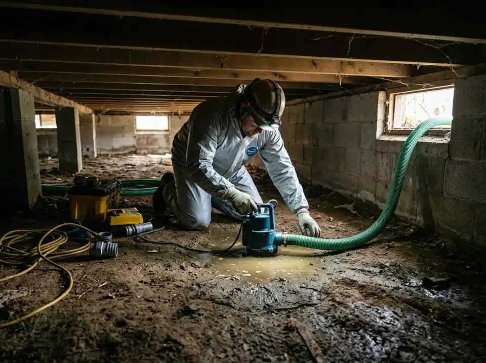 Submersible Pump — Crawl Space — Submersible Pump, Green Suction Hose, Yellow Extension Cord, Crawl Space, Emergency Water E…