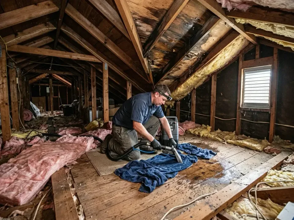 Technician — Attic — Technician, Water Extraction Wand, Vacuum Hose, Attic, Emergency Water Extraction & Removal in Texas